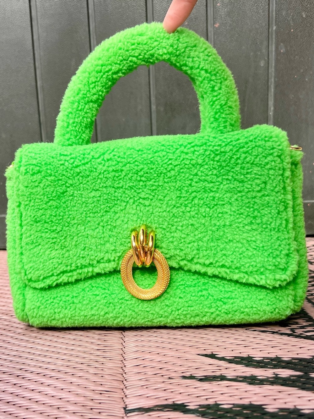 Vibrant Green Faux Shearling Mini Top-Handle Bag (with adjustable chain)